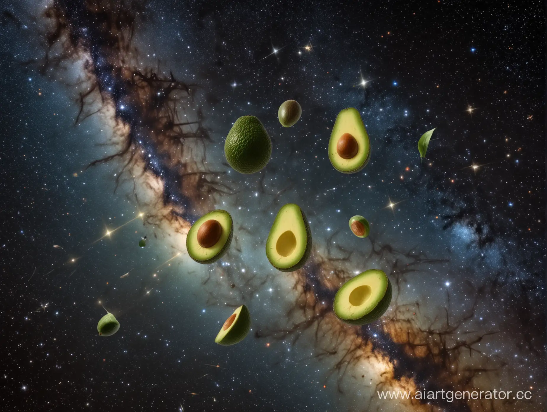 свободный полет авокадо в открытом космосе на фоне звезд и квазаров
