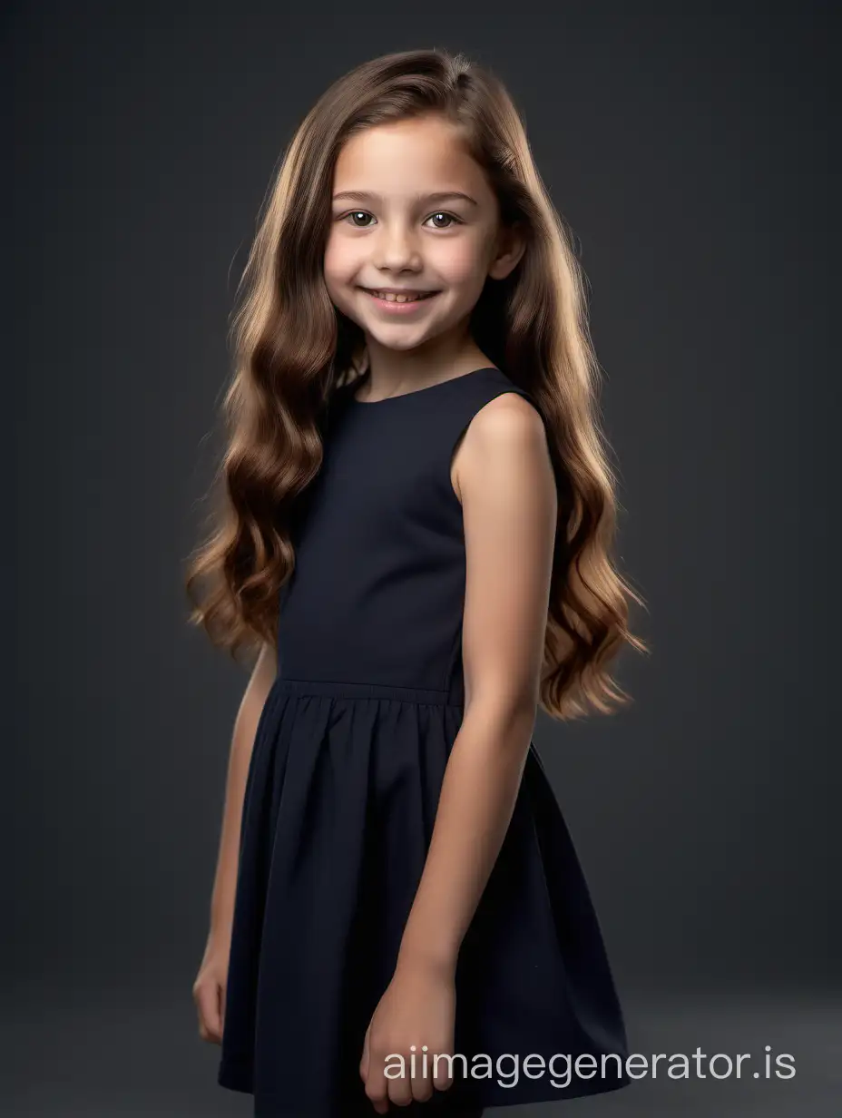 She is standing with her left side facing the camera. This 10-year-old girl has a slender body with graceful proportions. She has a round head with soft facial features. Her round eyes, hazel in color, radiate joy and curiosity. Her small nose is slightly upturned, giving her a friendly look. She has full, gentle lips that are often adorned with a cheerful smile. This girl's hair is long and thick, dark chestnut in color. It cascades down her back in soft waves, creating an elegant look. Her hair also has a natural shine and softness., 8K UHD, full body in image, She is standing with her left side facing the camera.