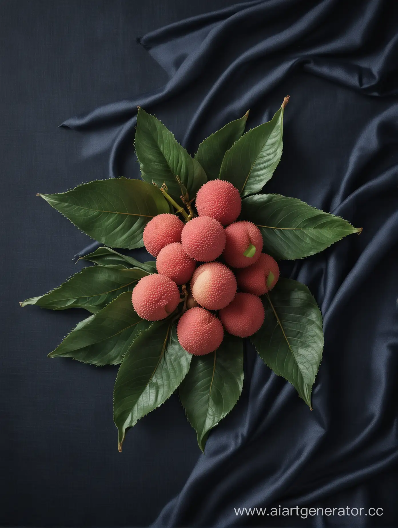 Fresh-Lychee-on-Rich-Navy-Blue-Velvet-Tablecloth-with-Lush-Green-Foliage