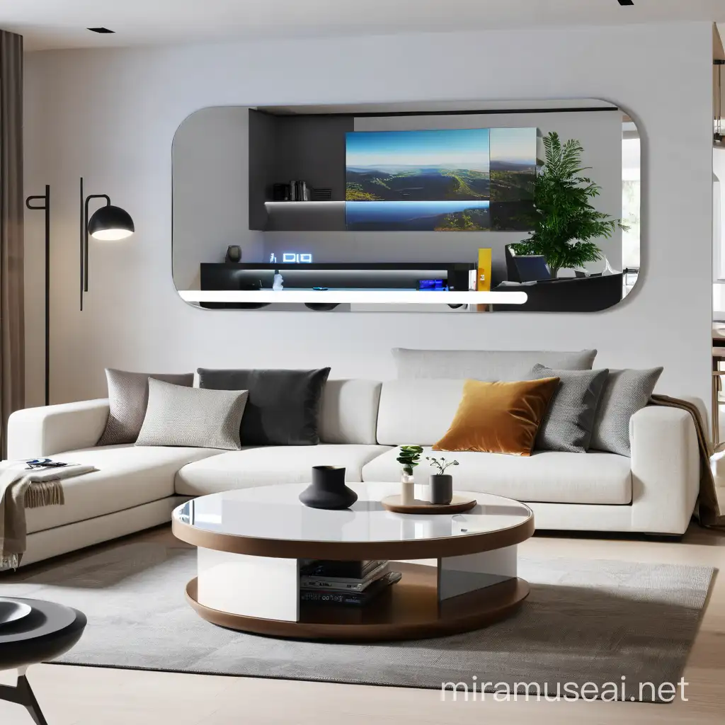 realistic modern living room featuring sleek lines, minimalist design elements, and cutting-edge technology, crafting an ambiance that feels futuristic and inviting, incorporating elements like smart lighting, integrated digital displays, and innovative furniture pieces. with big mirror
