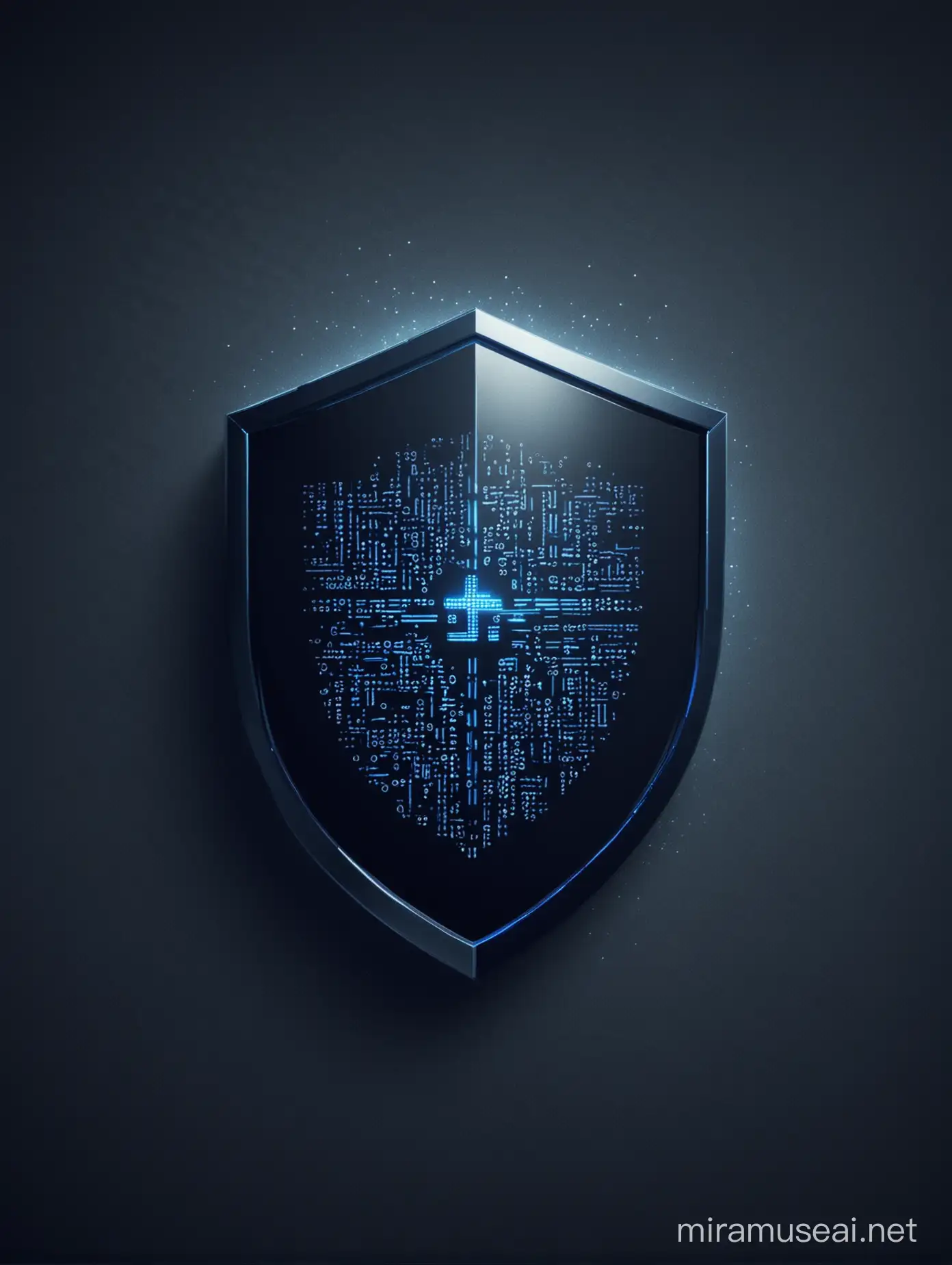 make a logo for cybersecurity company the logo should be an elongated shield of dark blue color, with an ellipse running around it, which should look like a blue matrix code