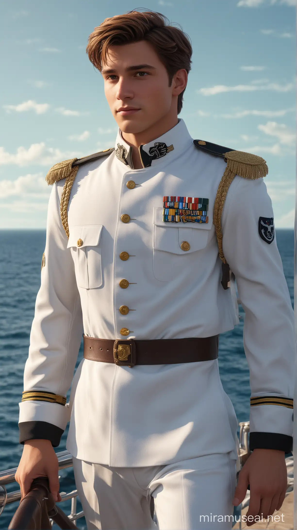 in a sea natural background military there are disney prince Flynn is Germany 21-year-old with brown hair long dark and brown eyes and white military uniform and navy and muscled an face beautiful 8k re solution ultra-realistic