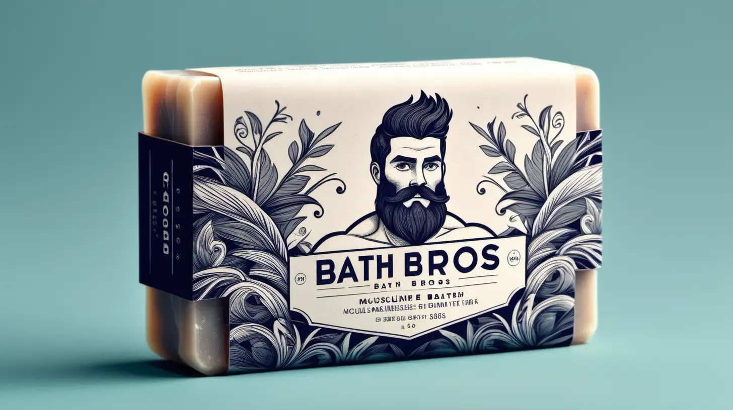 A modern packing design for a Soap bar for a masculine mens care brand called Bath Bros. It should feature a masculine design with a muscular bearded guy in a bath