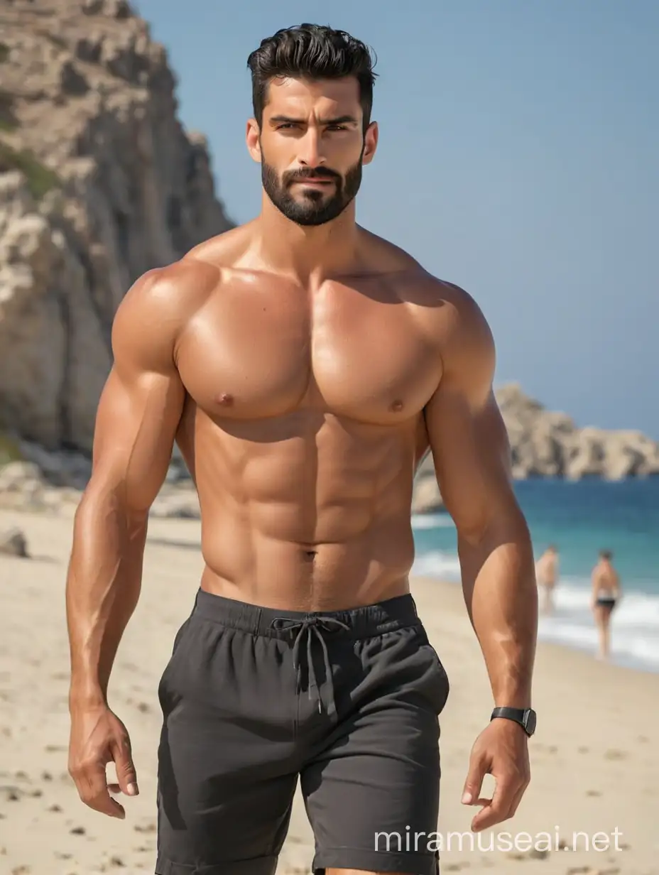 Tall and handsome muscular Greece men with beautiful black hairstyle and beard with attractive eyes with big wide shoulder and chest showing his six abs and leg muscles and walking on sandy beach