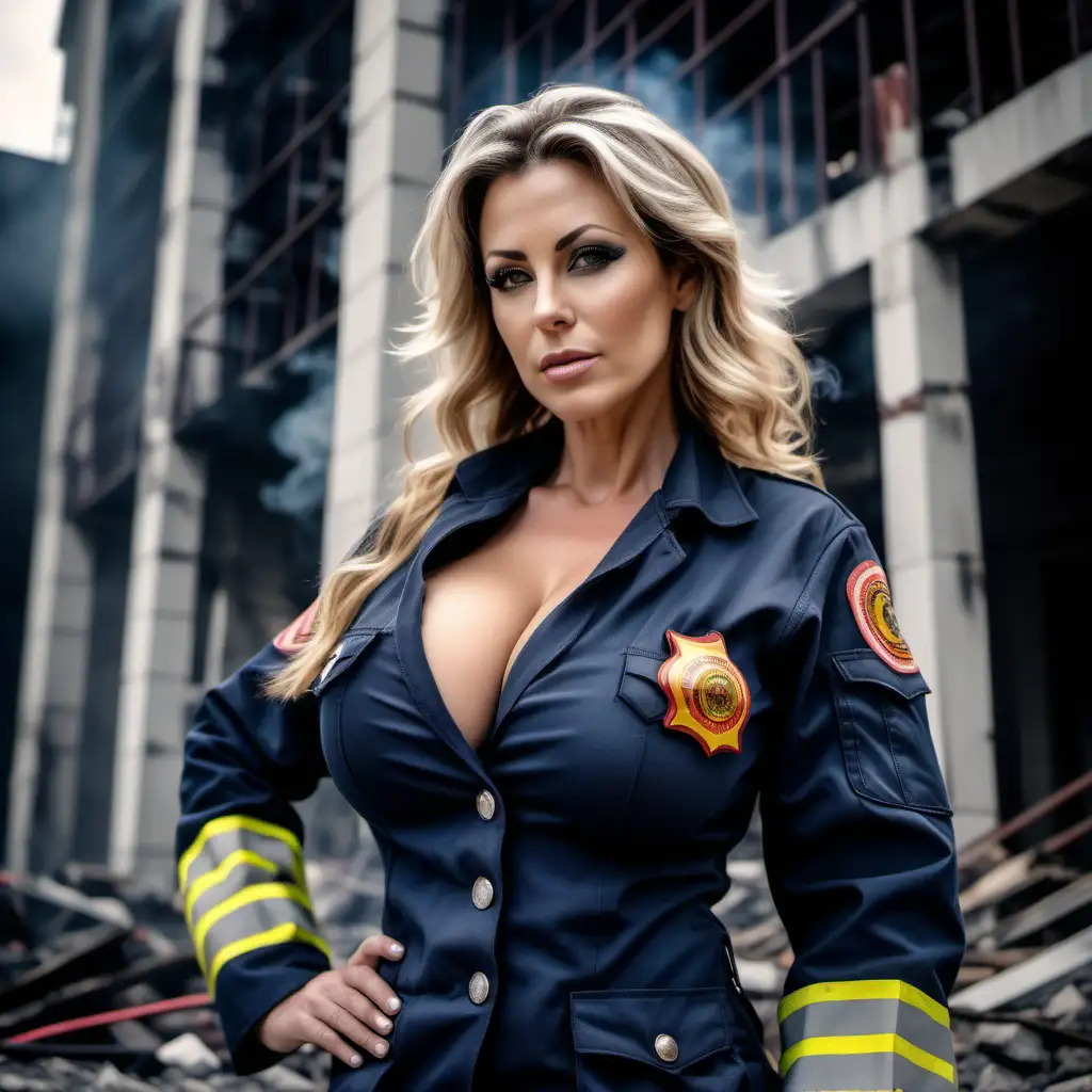 European fire fighter whith sexy style. She has big boobs and her breast line can be seen from her sexy uniform. She has sexy hair and standing in a sexy pose besides of the fired building.  She is 45 years old.