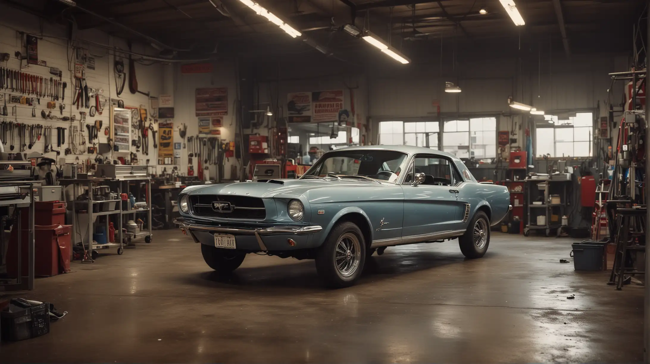 An image of the interior of a car repair shop with a chrome theme. A vintage mustang car is in the mid-ground. Cinematic lighting, photographic quality.