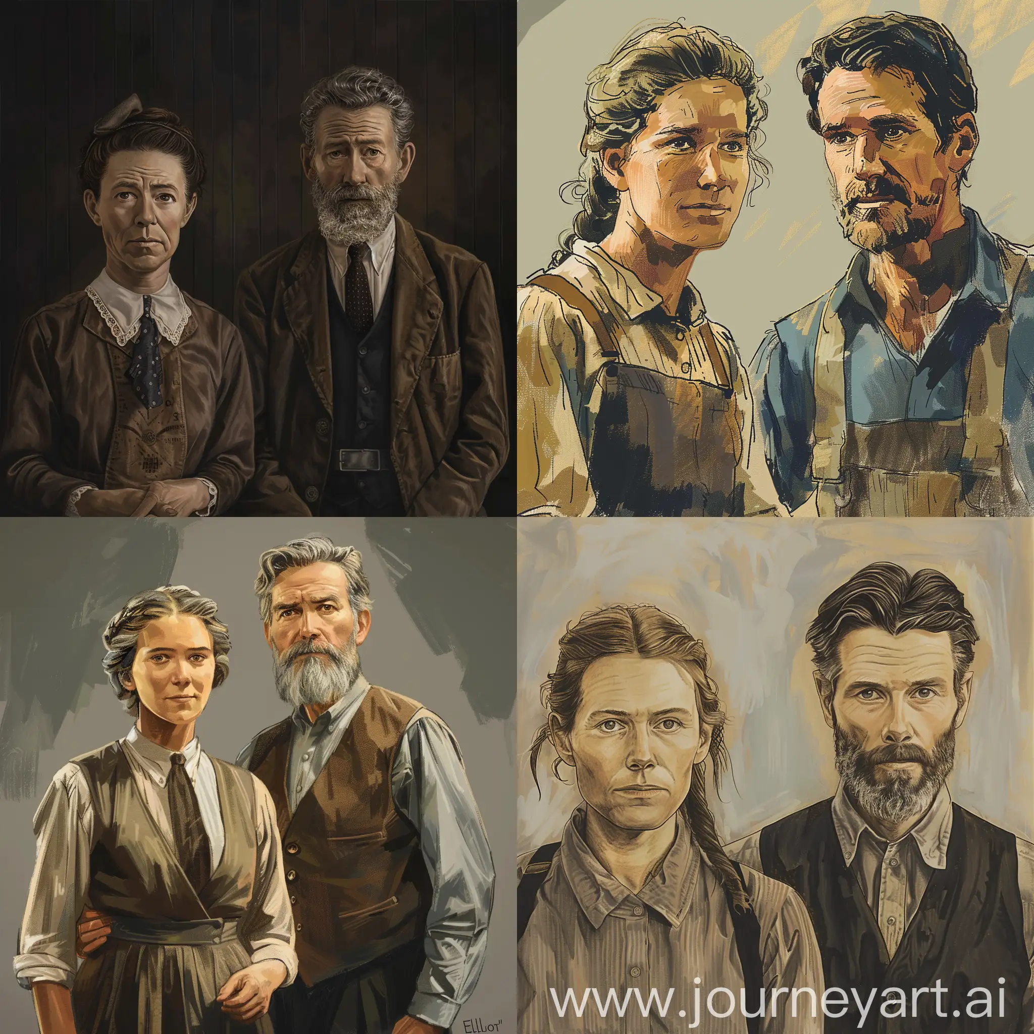 Create an image of missionary Elisabeth Elliot aged 23 and missionary Jim Elliot also aged 23 European ethnic characteristics from Belgium, do not allow ugly images, deformed, noisy, blurry, distorted, out of focus, bad anatomy, extra limbs, bad face drawn, poorly drawn hands, missing fingers, duplicate images