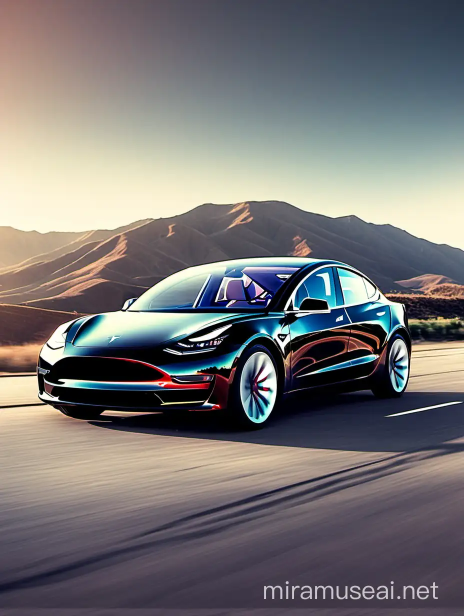 Tesla Model 3 Electric Car Driving on Highway