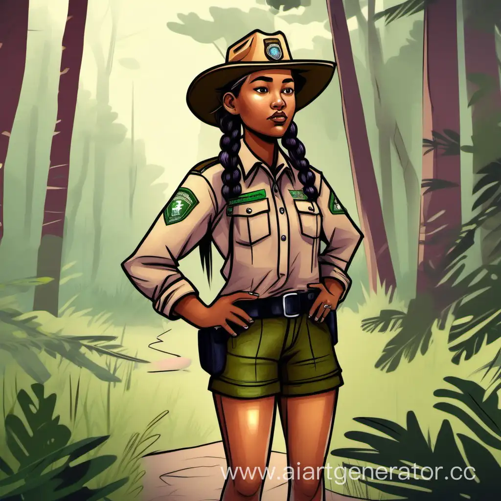 park ranger girl indigenous in shorts and long sleeves with pigtails