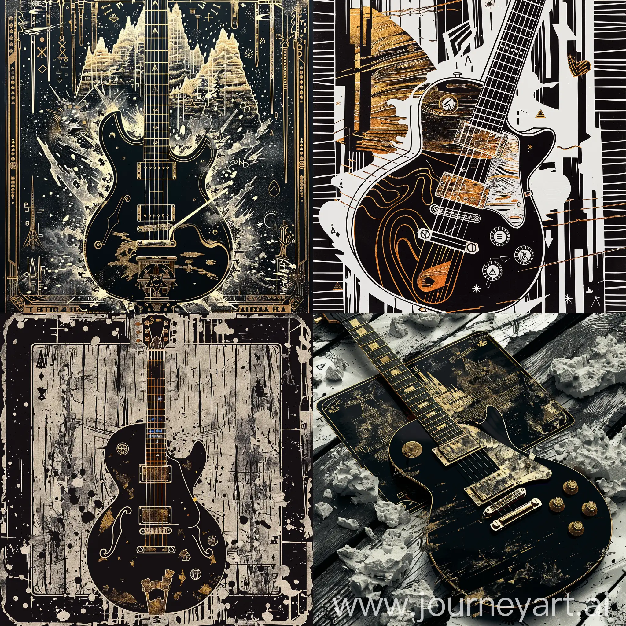 Black guitar a graphic rock-albumn inspired composition, black and white with gold foil, tarot card, apocalypse art, woodcut, cryptic psychedelia, playing card design, collaborative activism, vintage poster style