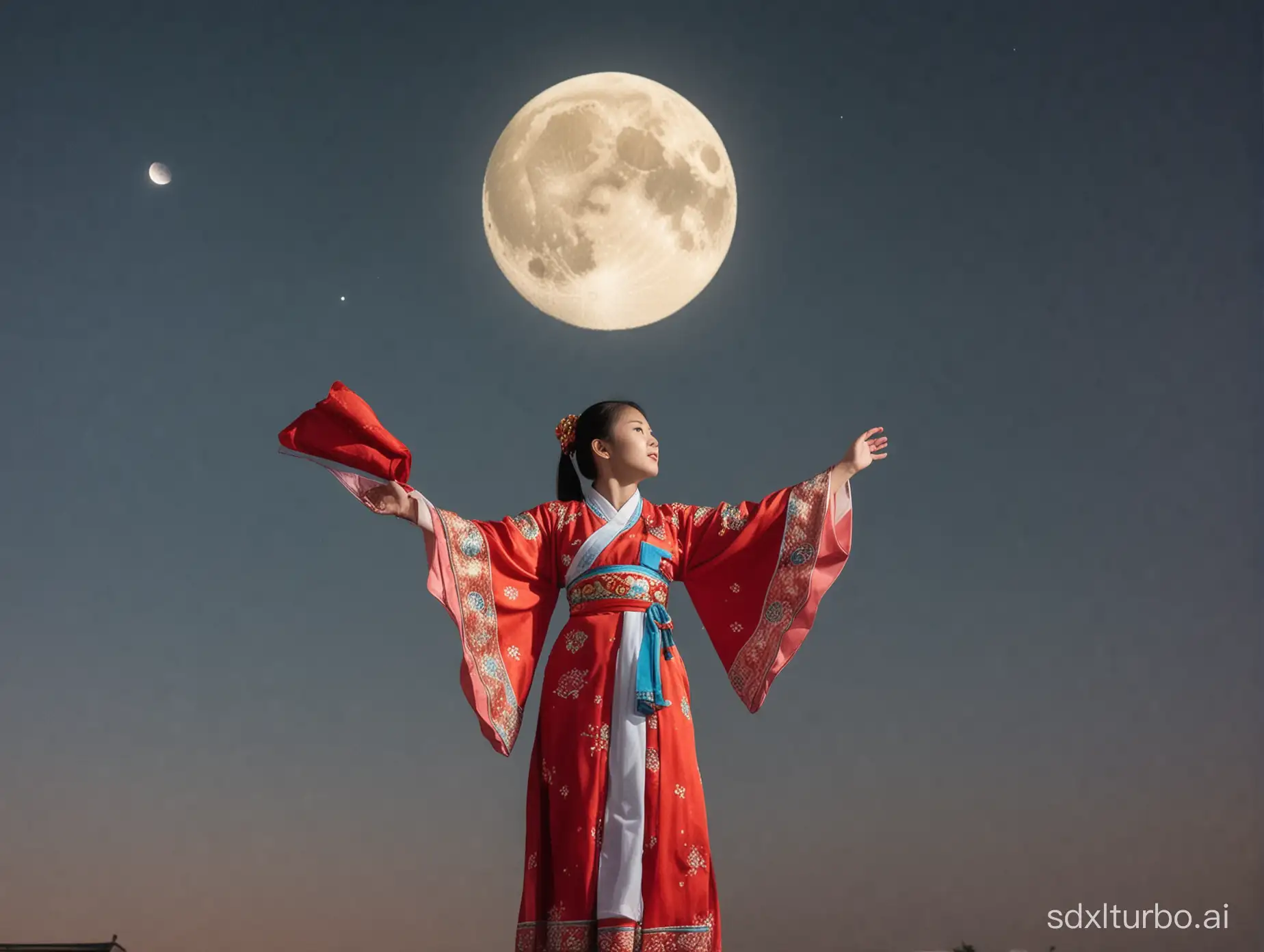 1 girl with Chinese traditional clothing look up at three moons in the sky