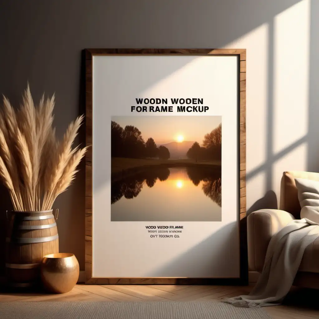 photo wooden poster frame mockup, reflection, shadow overlay, cozy living, farmhouse stlyle, warm room, 4K, exclude random objects,