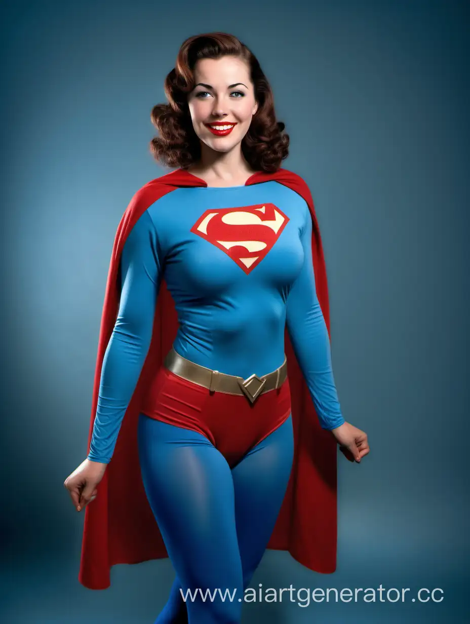 A beautiful woman with brown hair, age 32, She is happy and muscular. She is wearing a Superman costume with (blue leggings), (long blue sleeves), red briefs, and a long cape. Her costume is made of very soft cotton fabric. The symbol on her chest has no black outlines. She is posed like a superhero, strong and powerful. In the style of a 1950s movie.