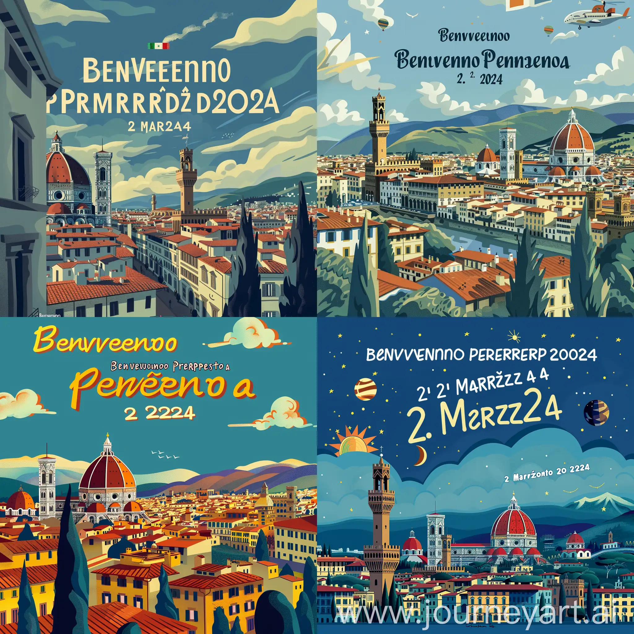 Make a poster announcing that the President of the Italian Republic is coming to Florence on 2 March 2024. Put famous places in Florence and write the text in Italian "Benvenuto Presidente a Firenze" and then put the date "2 marzo 2024"