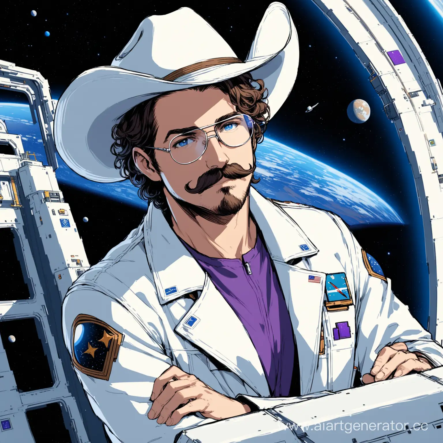 Curly-Mustached-Scientist-in-Aviator-Glasses-on-Space-Station