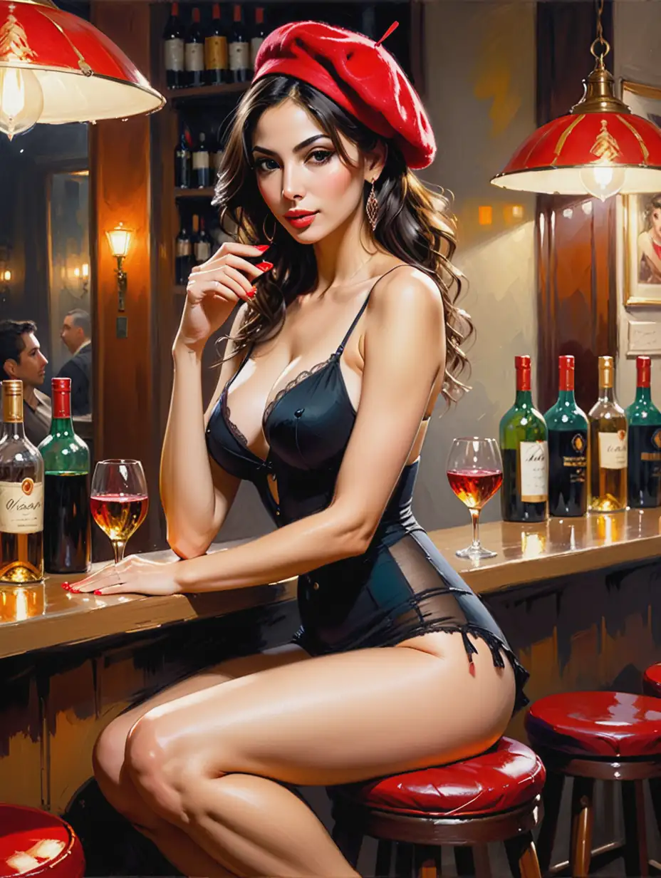 Very authentic painting by Andrew Atroshenko of a beautiful, very attractive, sexy Moran Atias , exaggerated facial features , Sexy Smokey Bedroom Eyes , like a luxurious Parisian courtesan , red beret on the head , exposed womb, sitting on a bar stool. She is positioned near a counter, and there are several bottles and cups scattered around the scene, possibly indicating that she is enjoying a drink or has been consuming alcohol. The painting portrays a relaxed and casual atmosphere, the woman sitting comfortably on the stool. , thick layers of colors , visible flat brushstrokes , painting by Fabian Perezy, Henry Asencio, Andrew Atroshenko , visible large flat brushstrokes , night scene , painting by Andrew Atroshenko & Fabian Perez , visible flat brush strokes , palette knife ,
 
 
