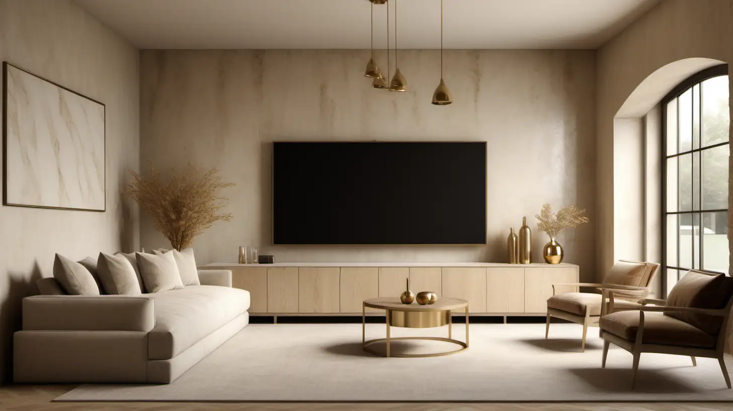 a hyperrealistic image of a classic contemporary large home minimalist hotel-style bar room with tv and sofa; limewash walls in Bauwerk Bone; blonde oak;  brass; Large Window;