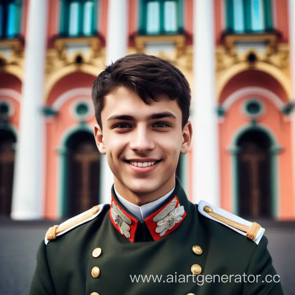 Молодой юноша, красивый, в военной форме, на фоне Петербург, красивые карие глаза, короткие темные волосы, красивая улыбка, царская Россия