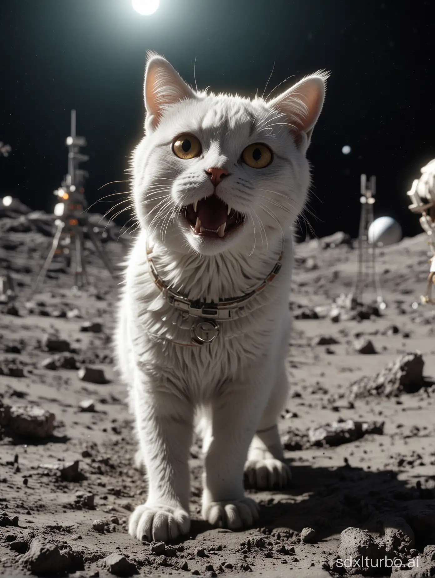 ASCII,masterpiece, hyper detailed, 8k, ray tracing, ultra sharp, cinematic film still anime artwork, cfb ,close up of a surprised and shocked cat foreground, (a mission apollo on the moon background:1.3), vibrant, highly detailed, shallow depth of field,,cinemascope, moody, epic, gorgeous, film grain, grainy,meme,parody,deep black sky, apollo_style