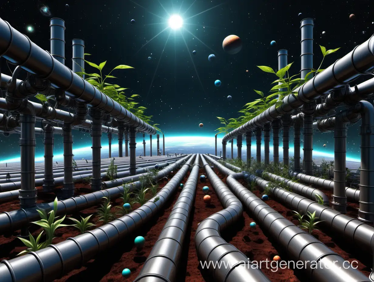 A lot of oil pipes, pipes floating through the universe, pipes are glowing, in the background are plants of the solar system