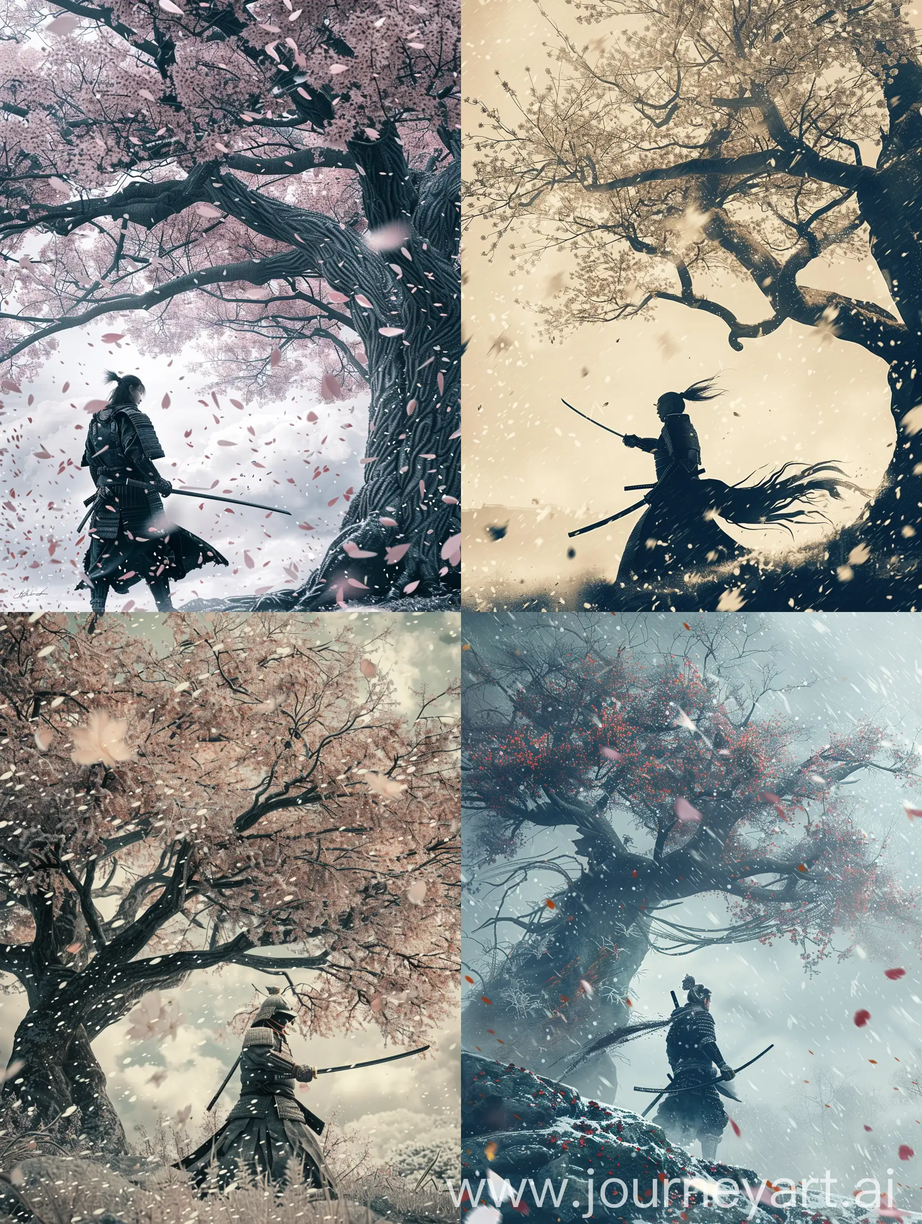 A samurai in a katana standing in a fighting stance near an ancient sakura tree, winter, falling snow flakes, wind effect
