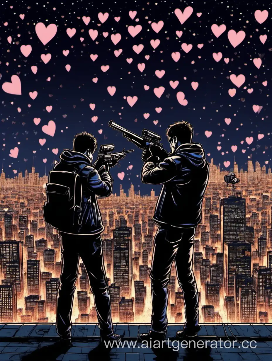 Два парня стреляющих сердечками из автомата на фоне ночного города