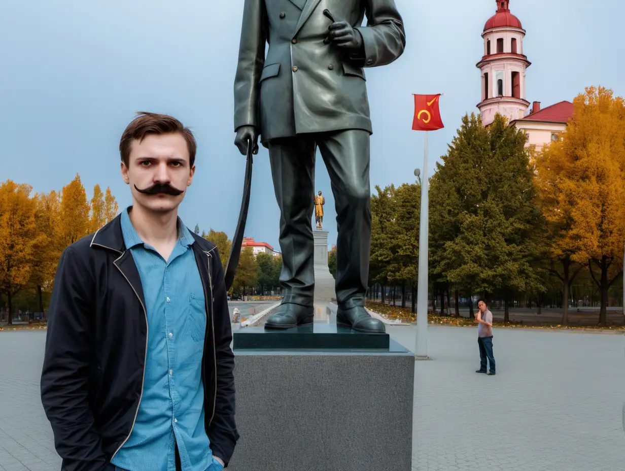 Mustached Man Standing Beside Sculpture in PostSocialist Town