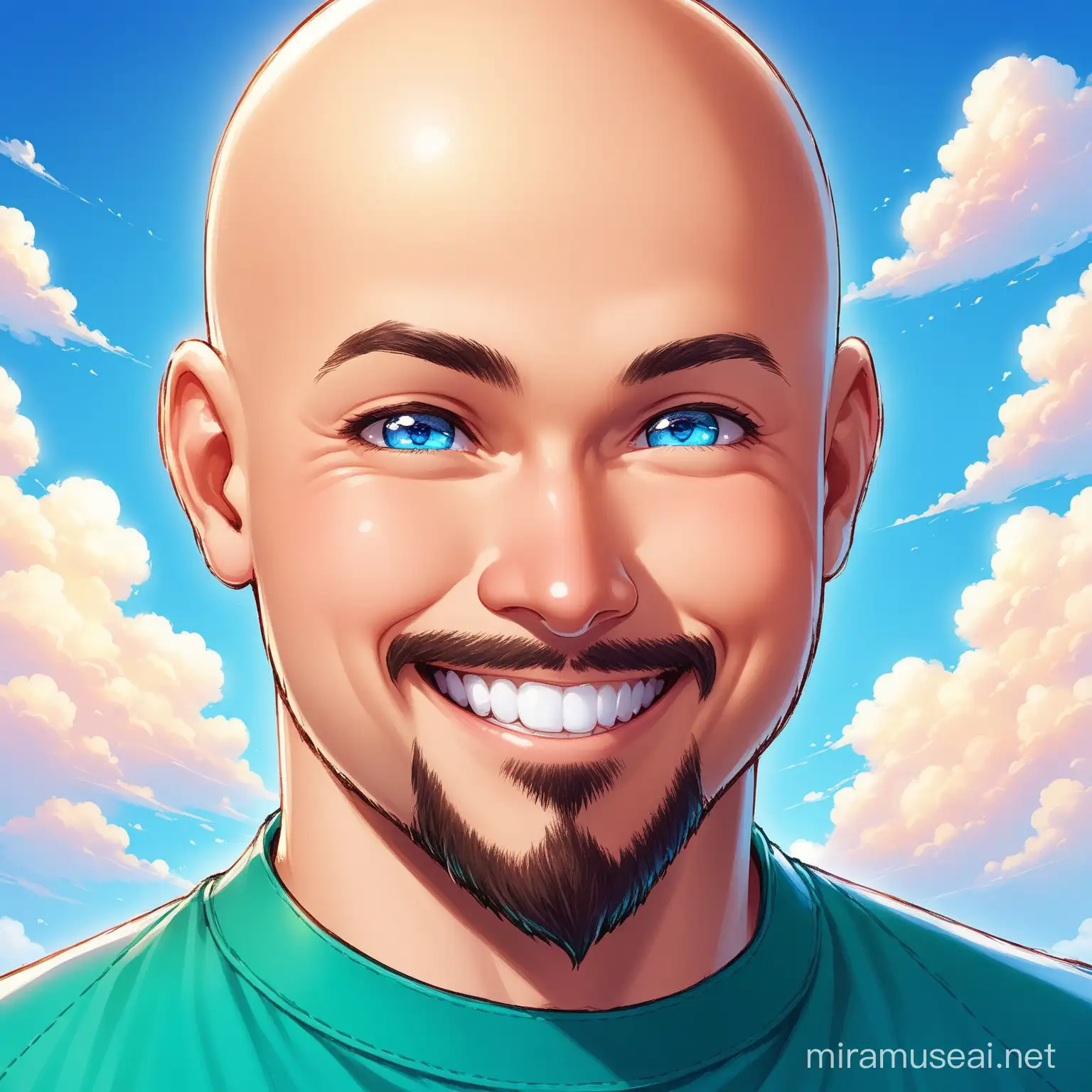 Bald Man with Blue Eyes Smiling Amidst Clouds