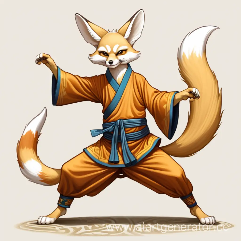 Anthropomorphic male fennec fox in full-length clothes of ancient Chinese monks practicing kung fu standing