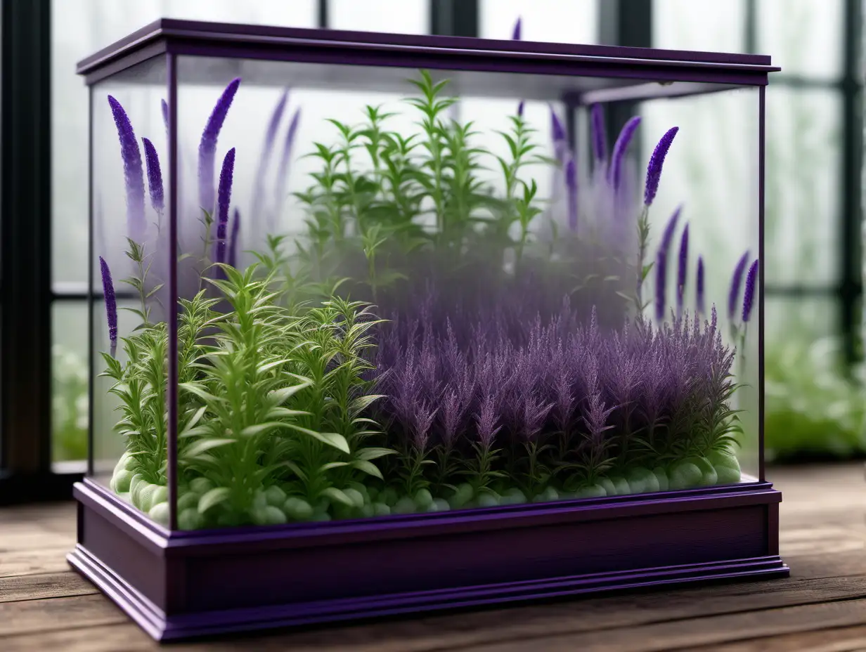 large glass display case filled with growing purple Hyssop herbs. the case has mist on it. and its within a spacious greenhouse. very intricately and microscopically detailed. ultra realistic blender sfm textures.