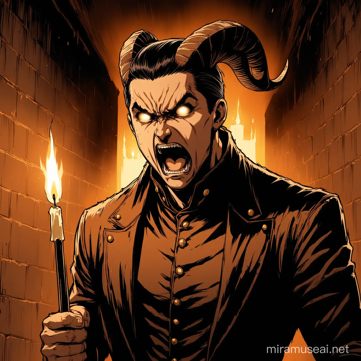 man with brown, slicked back hair, berserk art style, goat horns, black eyes, distressed expression, regal clothes, screaming, dart candlelit hallway background
