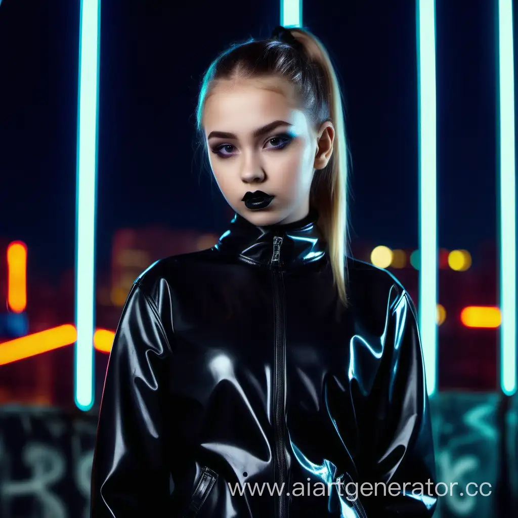 Красивая девушка,
15 лет,
Русская,
прическа конский хвост,
черная помада,
черная латексная куртка,
черный латексный ошейник,
стоит прямо,
на фоне городской неон.