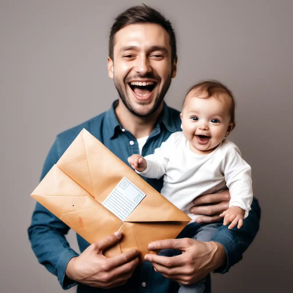 Joyful Father Holding Baby with Significant Envelope