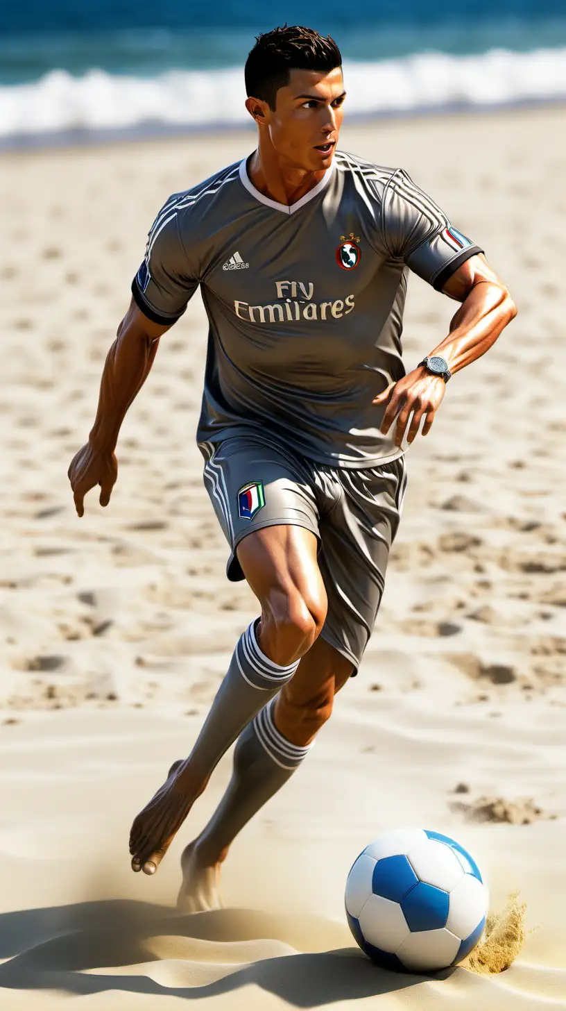 Full body, Cristiano Ronaldo is playing beach soccer, beach background, people playing too, realistic, ar 2: 1 --v 5