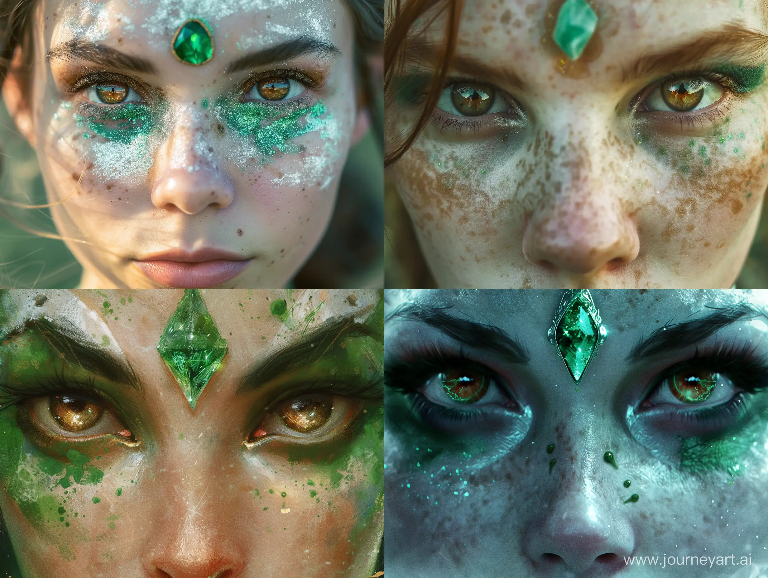 крупным планом магическое лицо жрицы, с третьим глазом из зеленого кристалла, жрица сильный маг,  Открытые глаза смотрят прямо, глаза карие  с зелеными крапинками