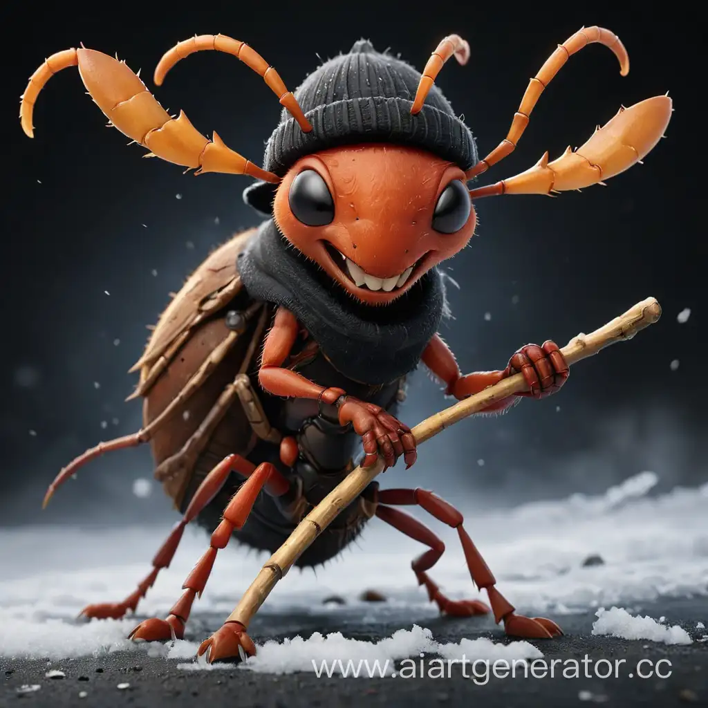 Боевой муравей с палкой в лапах в зимней шапке на чёрном фоне