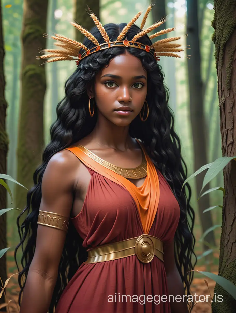 A young black ancient Greek goddess with a wheat crown. She has straight, long and black hair. She is wearing an ancient Greek chiton that is burgundy, orange, and dark green. She is in a forest.