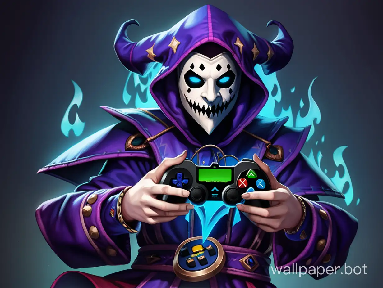 Jester, the spirit gamer from the game Dark Dungeons in a mask holding a gamepad
