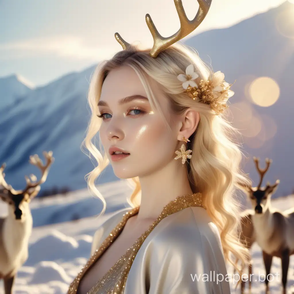 mid shot fashion photography, blonde model, pale dewy skin, iridescent golden glitter on face, small pale pastel flowers in hair, hair is gently blowing in breeze, golden earrings, background is snowy mountain side, standing beside reindeer, golden hour, up light, global illumination, 60mm, f/1.8, --s10, --c10, --w800
