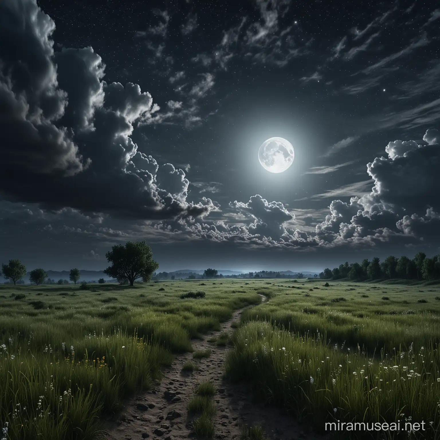 remote location, nighttime, meadow, clouds and moon in sky, realistic, HD.