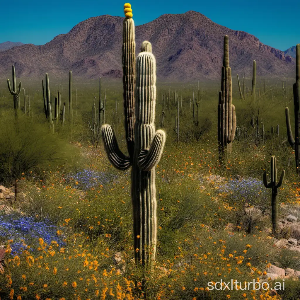 Saguaro cactus surrounded by desert wild flowers