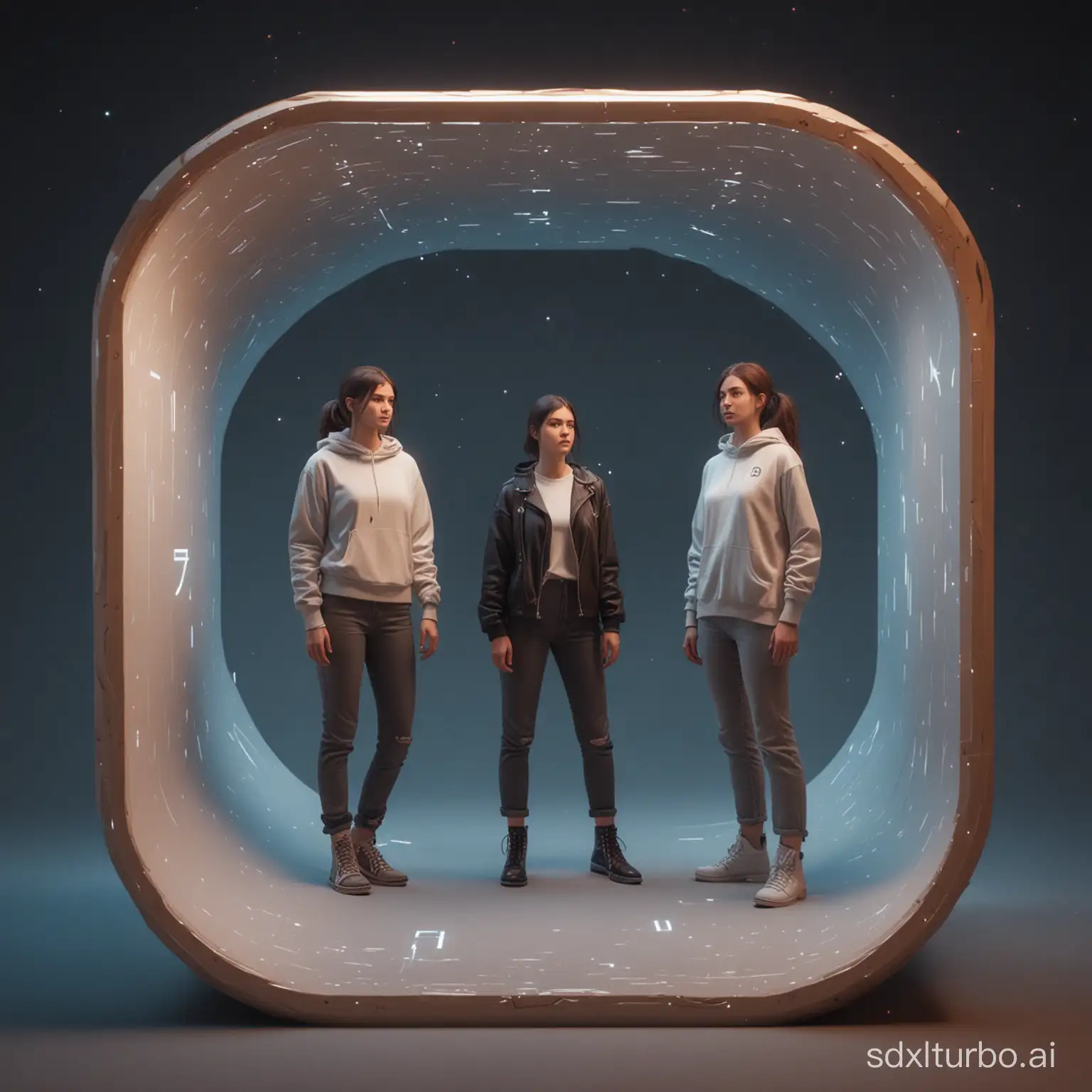 a bold number zero with three persons inside in a three-dimensional space created on a Metaverse platform.