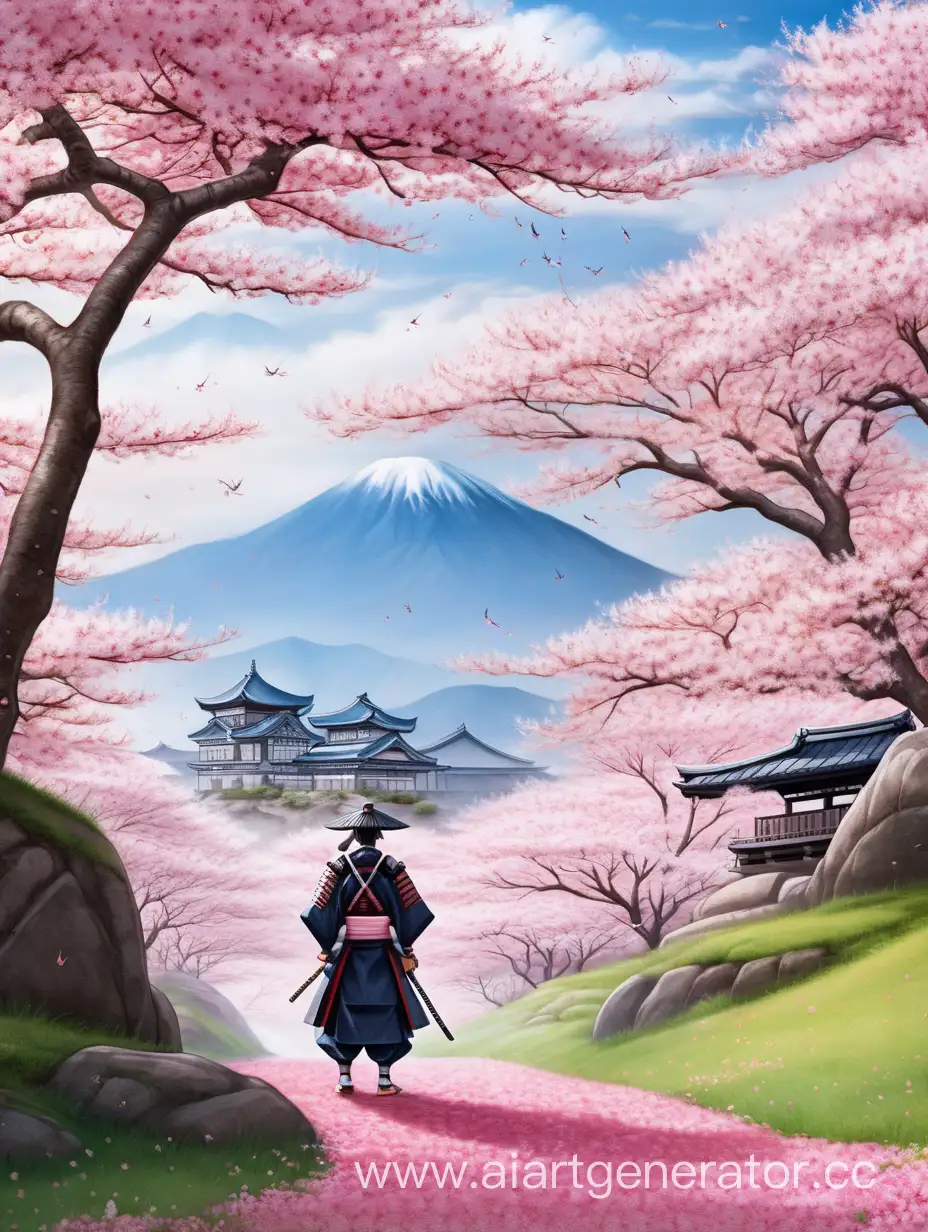 арт пейзаж, сакура и самурай