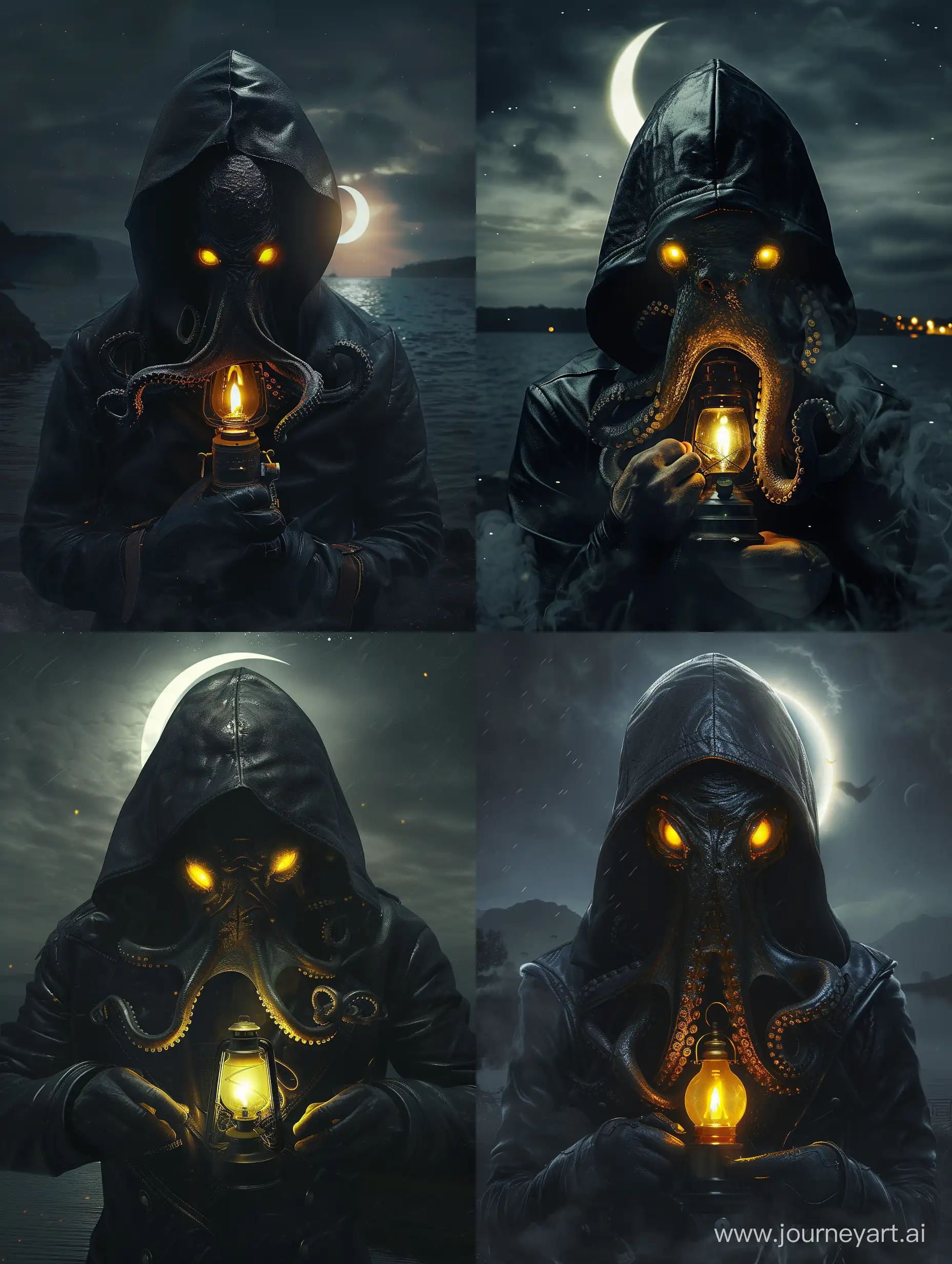 Creepy man with octopus shaped face. Wearing leather black hood. He has a gas lamp in his hands. Yellow glowing eyes. At dark creepy island. Crescent moon. Midnight. Cinematic shot.