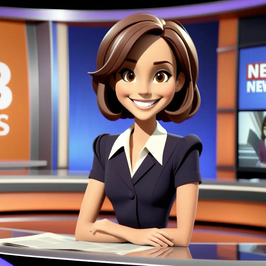 Enchanting storybook character smiling in news studio. Tv news anchor is a  Brunette girl with brown eyes with Bob hair