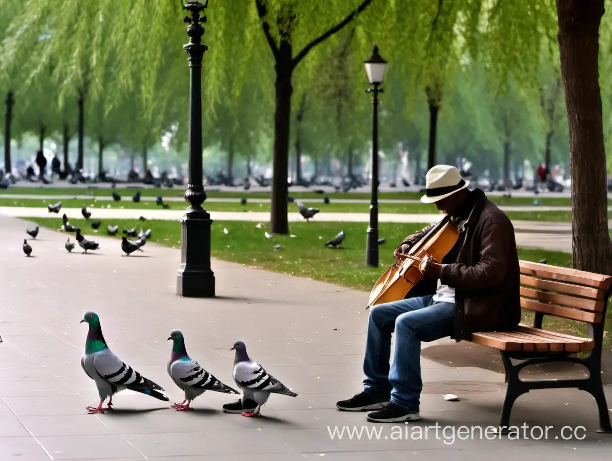 Уличный музыкант в парке, рядом находится лавка на которой сидит мама и рядом коляска, и рядом с ними голуби, погода хорошая, рядом фонтан