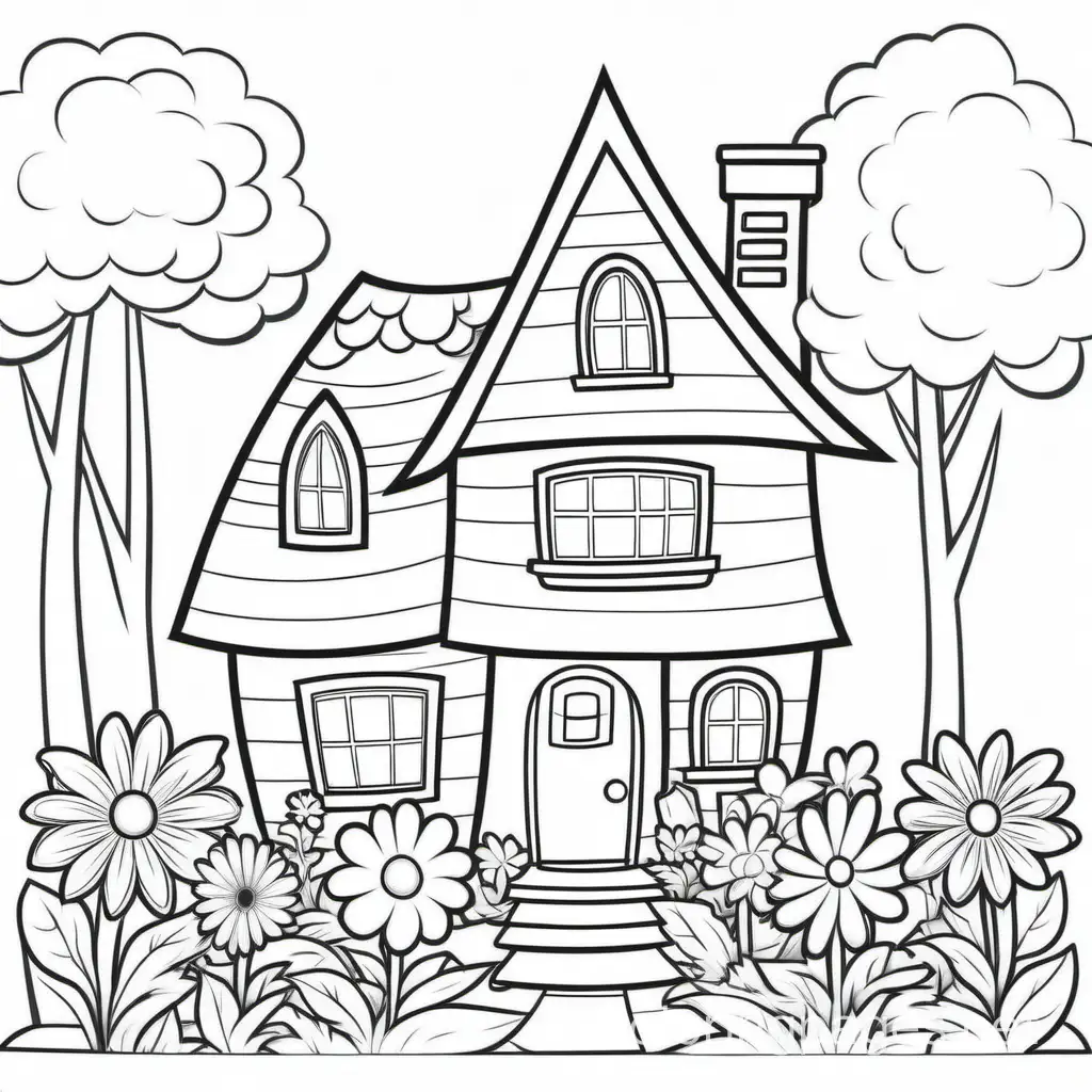 cartoon house in the woods with big flowers, Coloring Page, black and white, line art, white background, Simplicity, Ample White Space. The background of the coloring page is plain white to make it easy for young children to color within the lines. The outlines of all the subjects are easy to distinguish, making it simple for kids to color without too much difficulty