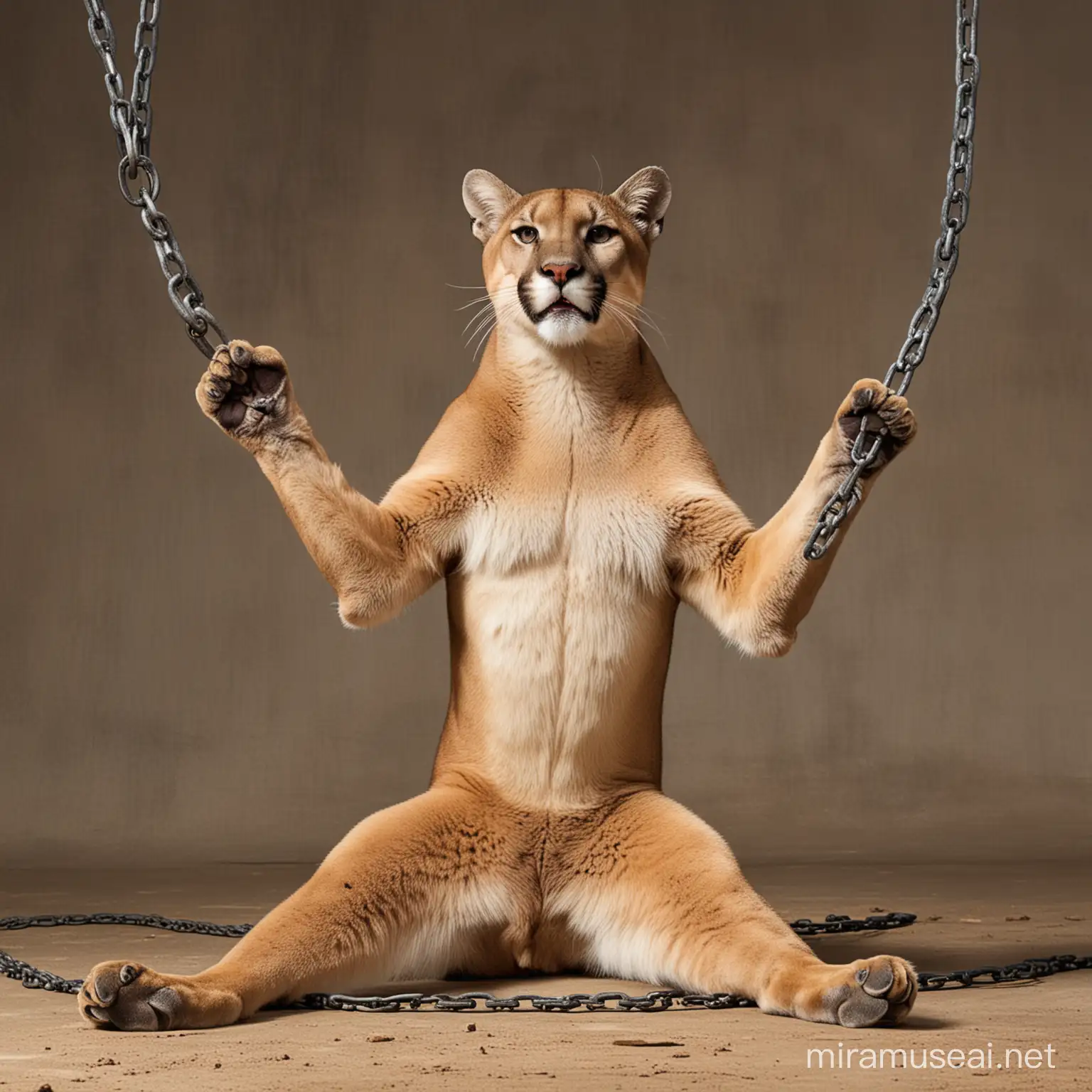 A creature that is a mountain lion from the waist up and a man from the waist down. He is on his knees, arms stretched wide to the sides by chains binding his wrists.