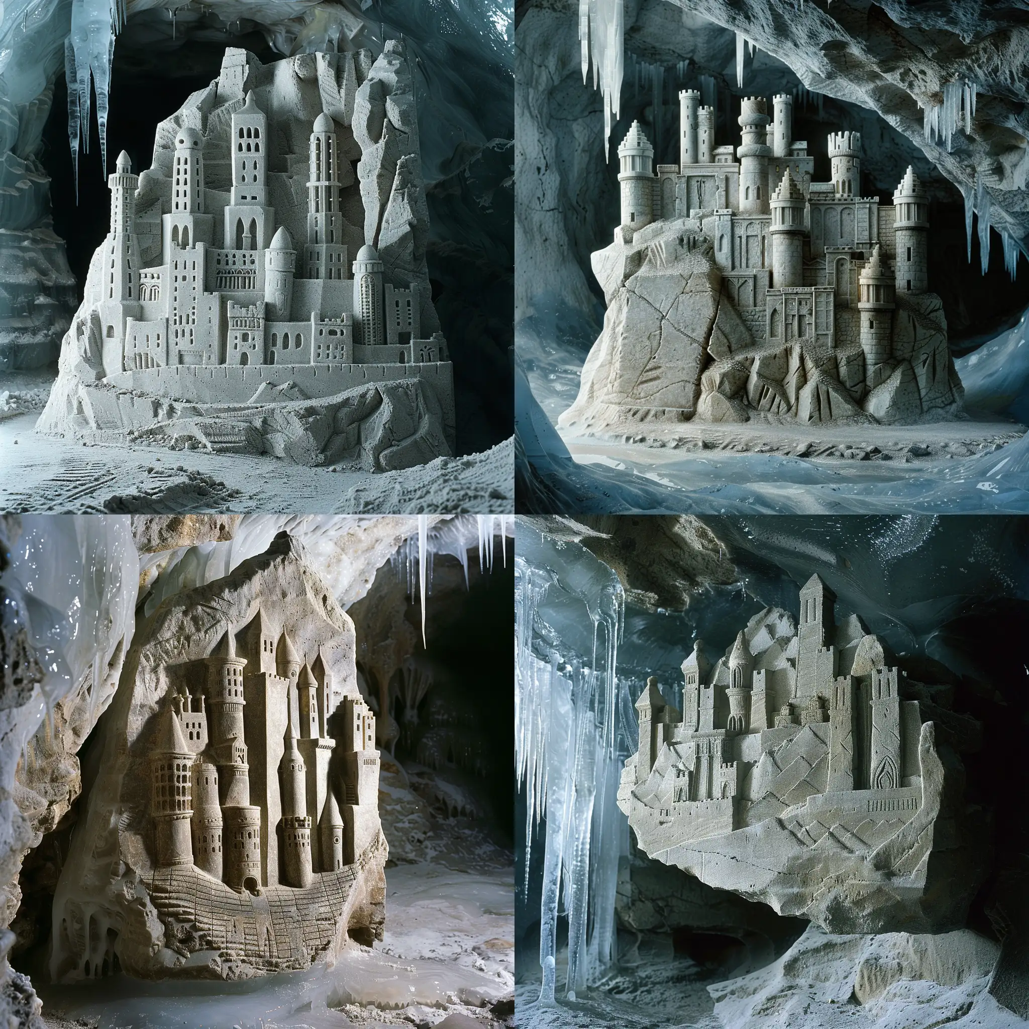 I need a stone relief of a city with 10 towers, in a simple clean style. The relief is in a dark ice cave, partially frozen over.