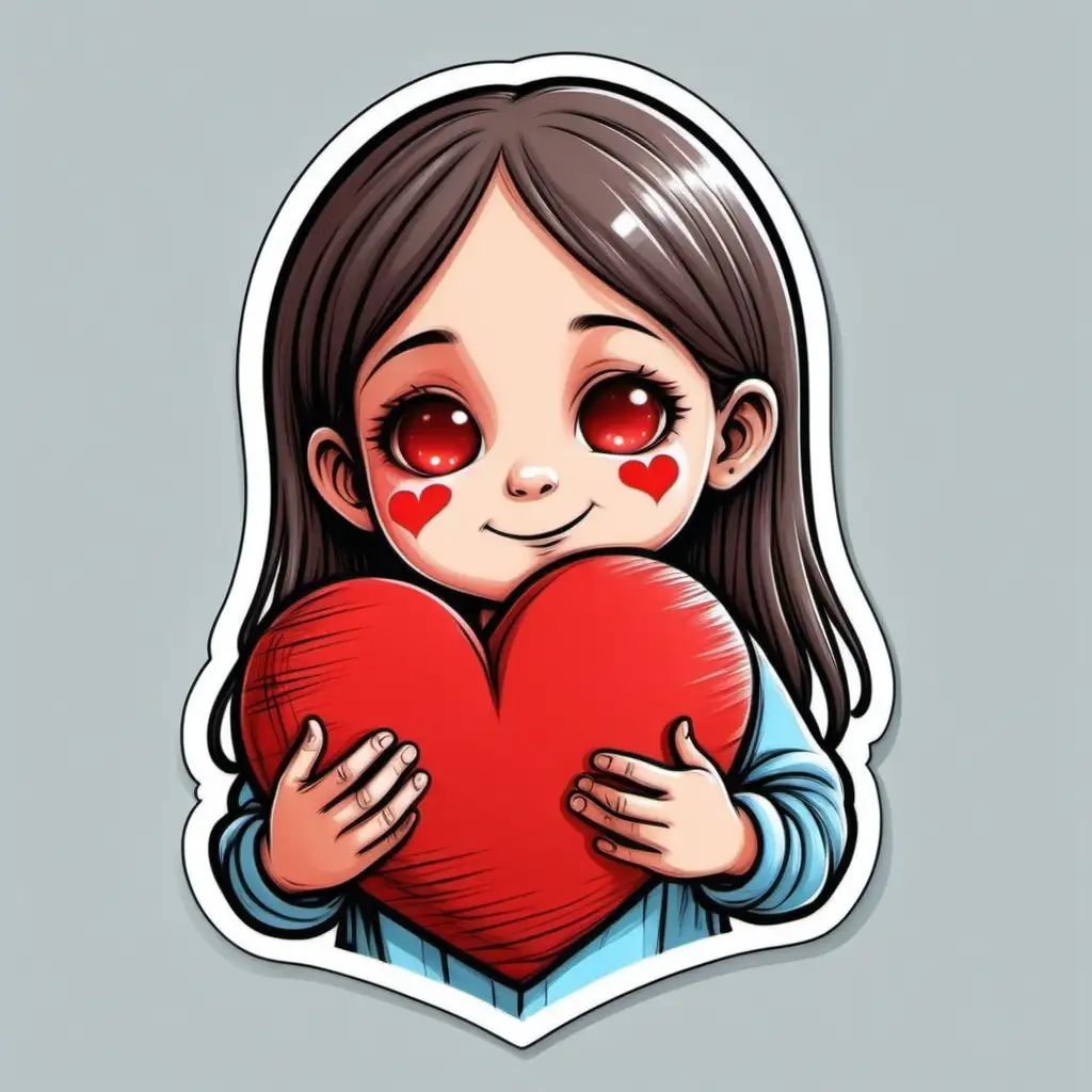 Shy girl kid drawing a red heart, sticker style, ultra detailed
